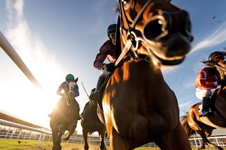 Horse riders compete on horse races for winner place of fastest rider at racetrack with spectators and fans betting. Equestrians pushing horses trying best to win race. Horse racing between opponentsの素材
