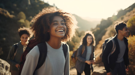 Cheerful group of friends with backpacks for hike walking across forest exploring nature in sunny weather. Teenagers active lifestyle spending time together without using gadgets. Enjoying environmentの素材