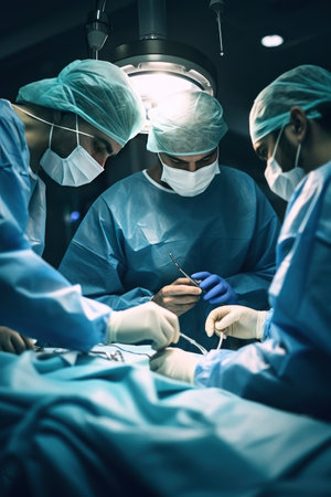 Group of surgeons in protective uniforms operate with professional equipment on patient in hospital. Responsible position in medical institution. Vertical photo.の素材