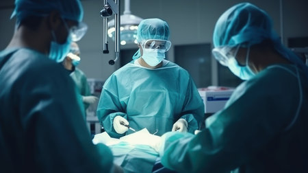 Group of surgeons in protective uniforms operate with professional equipment on patient in hospital. Responsible position in medical institution. Tense moment and struggle for human lifeの素材