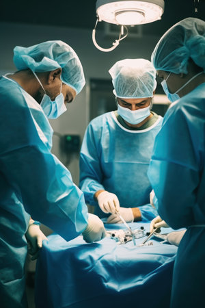 Group of surgeons in protective uniforms operate with professional equipment on patient in hospital. Responsible position in medical institution. Tense moment and struggle for human lifeの素材