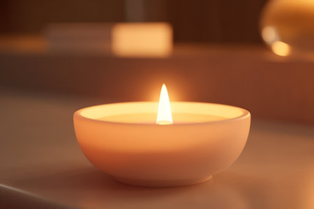 Aromatic candle burns on table in spa procedure salon. Small warm flame creating coziness and relaxing atmosphere in meditation studio. Accessory for aromatherapy treatment and mindfulnessの素材