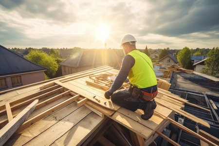 Photo of a Caucasian man in hardhat is working on the construction of a wooden frame house. Male roofer is in the process of strengthening the wooden structures of the roof of a house.の素材