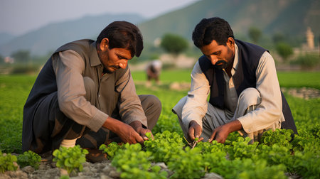 Manual harvesting process. Asian villagers work together to harvest crops. The community works in the field. Working together for the common good.の素材