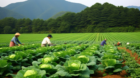 Manual harvesting process. Villagers work together to harvest the crops. The community works in the field. Working together for the common good.の素材