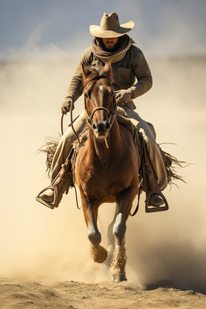 A man riding a horse wearing a cowboy hat in the dust of the prairie. Male horse rider vertical photo.の素材
