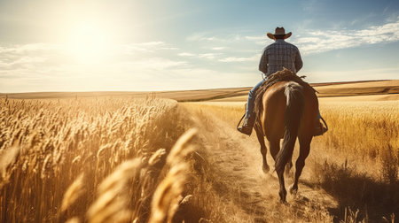A man riding a horse wearing a cowboy hat on a bullet road along a field. A man rides a horse through a wheat field. Harvest time.の素材
