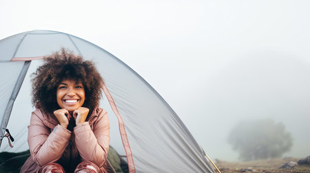 An African American young woman hiker enjoys the smell of the fresh morning forest alone. The breath of the morning foggy forest and the spirit of freedom.の素材