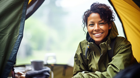 An African American young woman hiker drinks coffee and enjoys the smell of the fresh morning forest alone. The breath of the morning foggy forest and the spirit of freedom.の素材