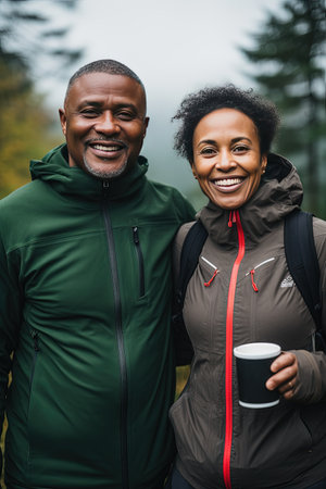 Camping, hiking, love and cup of coffee. The best start to the day is a mug of hot coffee alone with your loved one. Middle aged couple in love drinks morning coffee near their tent in a foggy forest.の素材