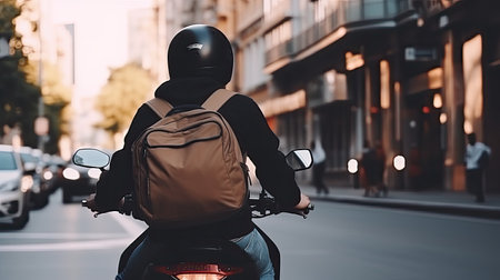 Back view of a man rides a motorcycle in city traffic. A motorcycle or scooter is an effective means of dealing with city traffic jams. Courier delivery of goods and documents.の素材