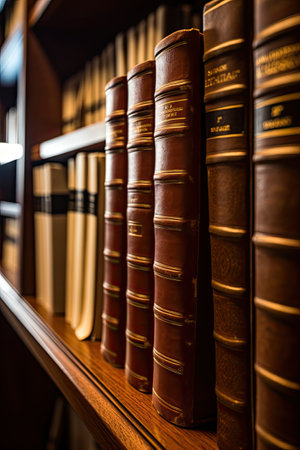 Beauty of antique bookshelves filled with a treasure trove of old books in a library setting. Vintage Bookshelf Chronicles.の素材