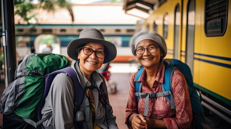 Adventurous senior women as they embark on a joyful hiking adventure, capturing the beauty of nature. Elderly friends enjoy each others company and create unforgettable memoriesの素材