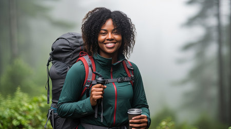 An African American young woman hiker drinks coffee and enjoys the smell of the fresh morning forest alone. The breath of the morning foggy forest and the spirit of freedom.の素材