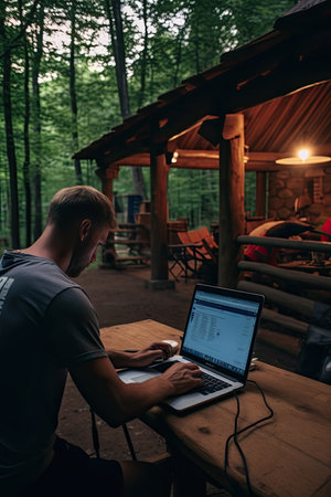 A man with a laptop on the veranda of a country house. Work away from the noise of the big city. Remote online work. Vertical photo.の素材