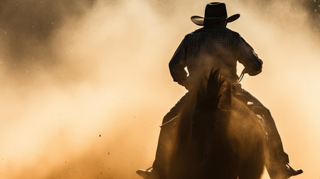 Silhouette of a man riding a horse wearing a cowboy hat in the dust of the prairie.の素材