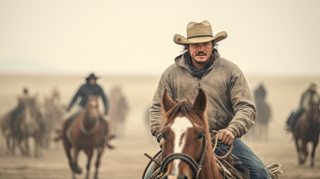 Cattle drivers. A man in a cowboy hat while driving a herd of horses. Close-up portrait of a man on a horse. Hard work on the dusty prairies.の素材
