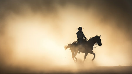 Silhouette of a man riding a horse wearing a cowboy hat in the dust of the prairie.の素材