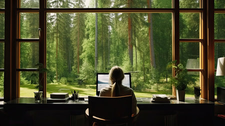 Remote work without external stimuli. Laptop on the desktop of a country house. Freelancers workplace in a cozy country house. Calm work in the silence of the summer forest.の素材