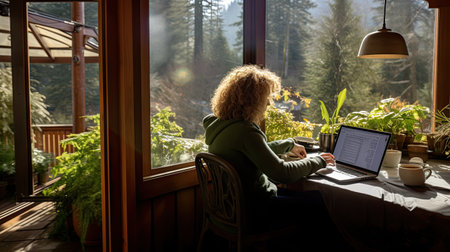 Remote online work. A young woman with a laptop on the veranda of a country house. Work away from the noise of the big city.の素材