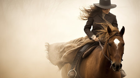 A beautiful young woman riding a horse wearing a cowboy hat in the dust of the prairie. Female horse rider portrait. Picture with copy space.の素材
