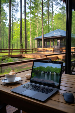 Remote work without external stimuli. Laptop on the desktop of a country house. A secluded place in the forest for productive work as a freelancer. Vertical picture.の素材