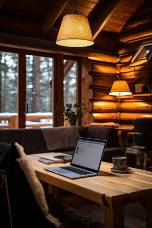 Remote work without external stimuli. Laptop on the desktop of a country house. Freelancers workplace in a cozy country house. Calm work in the silence of the winter forest.の素材