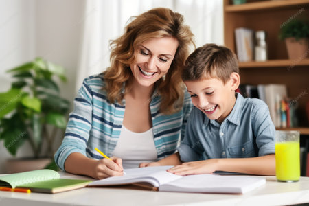 Caucasian mother help her son with homework. Home education concept. They writes down solutions of tasks in his notebook.の素材