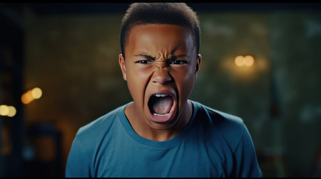 Angry irritated African American boy. Full of rage. Emotional portrait of an upset preteen boy screaming in anger. Requirements for parents. Wrong perception. Hysterics.の素材