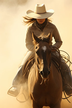 A serious young woman riding a horse wearing a cowboy hat in the dust of the prairie. Female horse rider portrait. Vertical photo.の素材