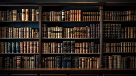 A shelf of rare and valuable books cataloged and displayed in a rare book and manuscript library. Historical heritage.の素材