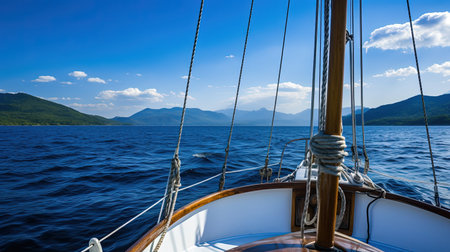 The boat is sailing on the blue Mediterranean sea. View from the deck. Yacht sails the open sea on a sunny day.の素材