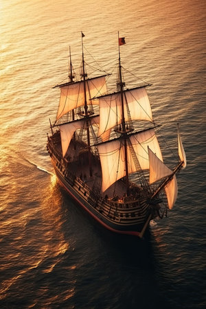 Small sailing ship in the open sea at sunset. Navigation in the 17th century. A majestic 17th-century sailing ship, gracefully navigating the open seas with its billowing sails and intricate rigging.の素材