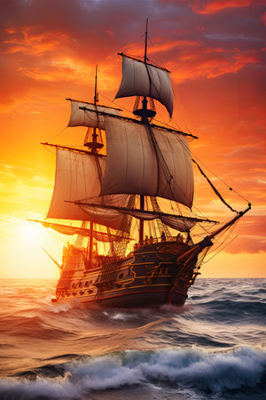 Small sailing ship in the open sea at sunset. An enchanting 17th-century vessel, exuding a sense of tranquility and serenity as it sails through calm waters, carrying dreams and aspirations.の素材