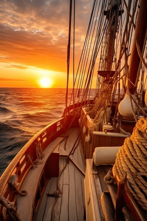 Small sailing ship in the open sea at sunset. The Crimson Tide, a striking 17th-century ship with vibrant red sails, symbolizing adventure, passion, and the thrill of the high seas.の素材