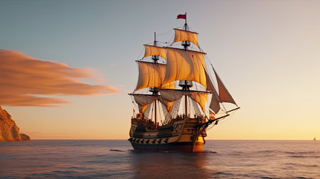 Small sailing ship in the open sea at sunset. The Whispering Breeze, a serene 17th-century sailing ship, gliding through the waters with a gentle breeze, whispering tales of distant lands.の素材