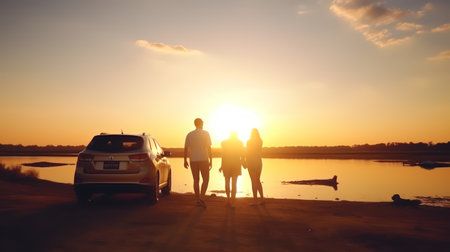 Family vacation holiday. Happy family having fun on the river in the sunset. Photo of a happy family on a beach and a car on the side. Family traveling by car.の素材