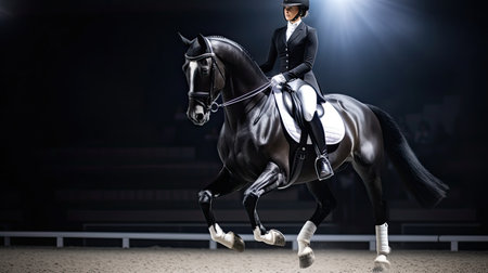 Dressage horse portrait before the competition. Photo on dark background.の素材