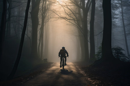 Lonely male cyclist in the morning foggy forest. A bike ride in the fresh air, alone with your thoughts.の素材