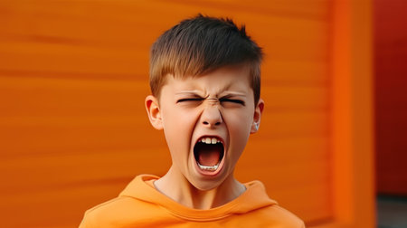 Angry irritated boy. Full of rage. Emotional portrait of an upset preteen boy screaming in anger. Requirements for parents. Wrong perception. Hysterics.の素材