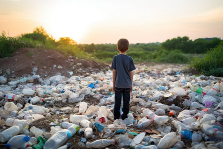 Kid standing near landfill next to mountain of plastic wastes thinking about pollution of planet. Child looks at dump of plastic bottles realising garbage decompose for hundreds of years.の素材