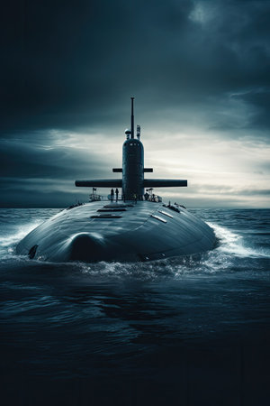 Heavy atomic submarine floating in ocean. Excellent aerials over a submarine at sea.の素材