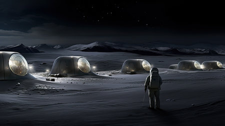 Cosmic serenity of a lunar colony, where the vastness of space meets the tranquility of human existence. These photographs capture the awe-inspiring stillness and natural wonders of living on the Moonの写真素材