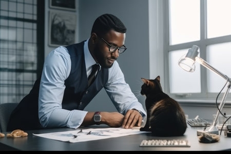 Man veterinarian in medical gown carefully examines cat in veterinary clinic office. Man vet doctor carefully examines adult cat sitting on table for health problems.の素材