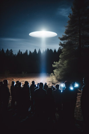 Contact with extraterrestrial civilizations. UFO - alien spaceship at night. Several people are fascinated looking at the UFO.の素材