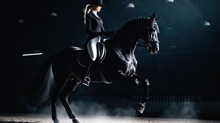 Dressage horse portrait before the competition. Photo on dark background.の素材
