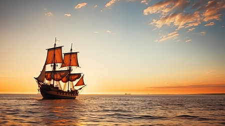 Small sailing ship in the open sea at sunset. The Whispering Breeze, a serene 17th-century sailing ship, gliding through the waters with a gentle breeze, whispering tales of distant lands.の素材
