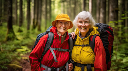 Witness the spirit of exploration as these older women venture into the wilderness, gazing confidently at the camera. Their backpacks symbolize their readiness for adventure and their love for nature.の素材