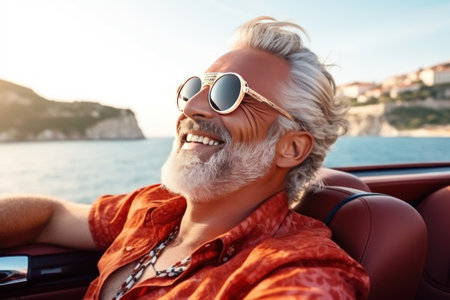 Old man in sunglasses sits in car dressed in summer bright shirt smiling broadly on vacation in mountains. Mature man enjoys long-awaited summer vacation. Adult man drives car on vacation in mountainsの素材