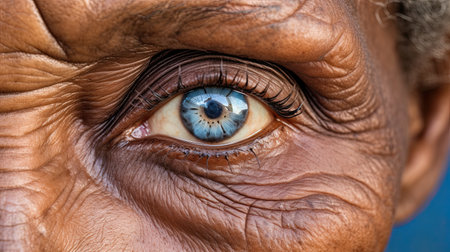 Close-up photo of an elder African American womans blue eye. Health care and healthy vision concept.の素材